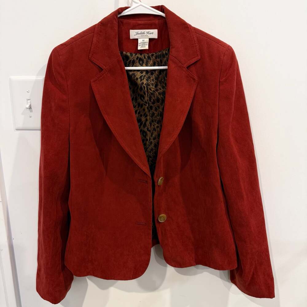 Judith Hart Petites Rust Red Faux Suede Blazer with Leopard Print Lining Size 14
